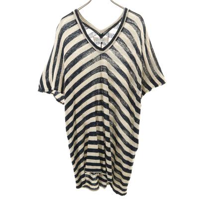 MidiUmi Made In Japan Linen Blend Border Pattern Five-quarter Sleeve V Neck Knit Women Used