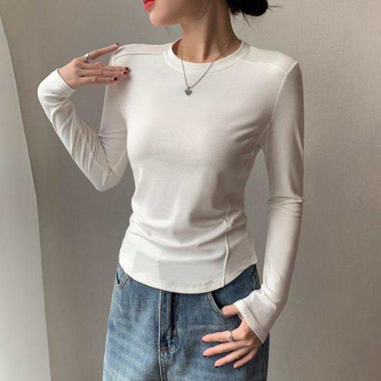 Soft Elastic Pullover Tops Women Long Sleeve Round Neck Slim Fit Base Shirt Solid Color Daily Wear Tops