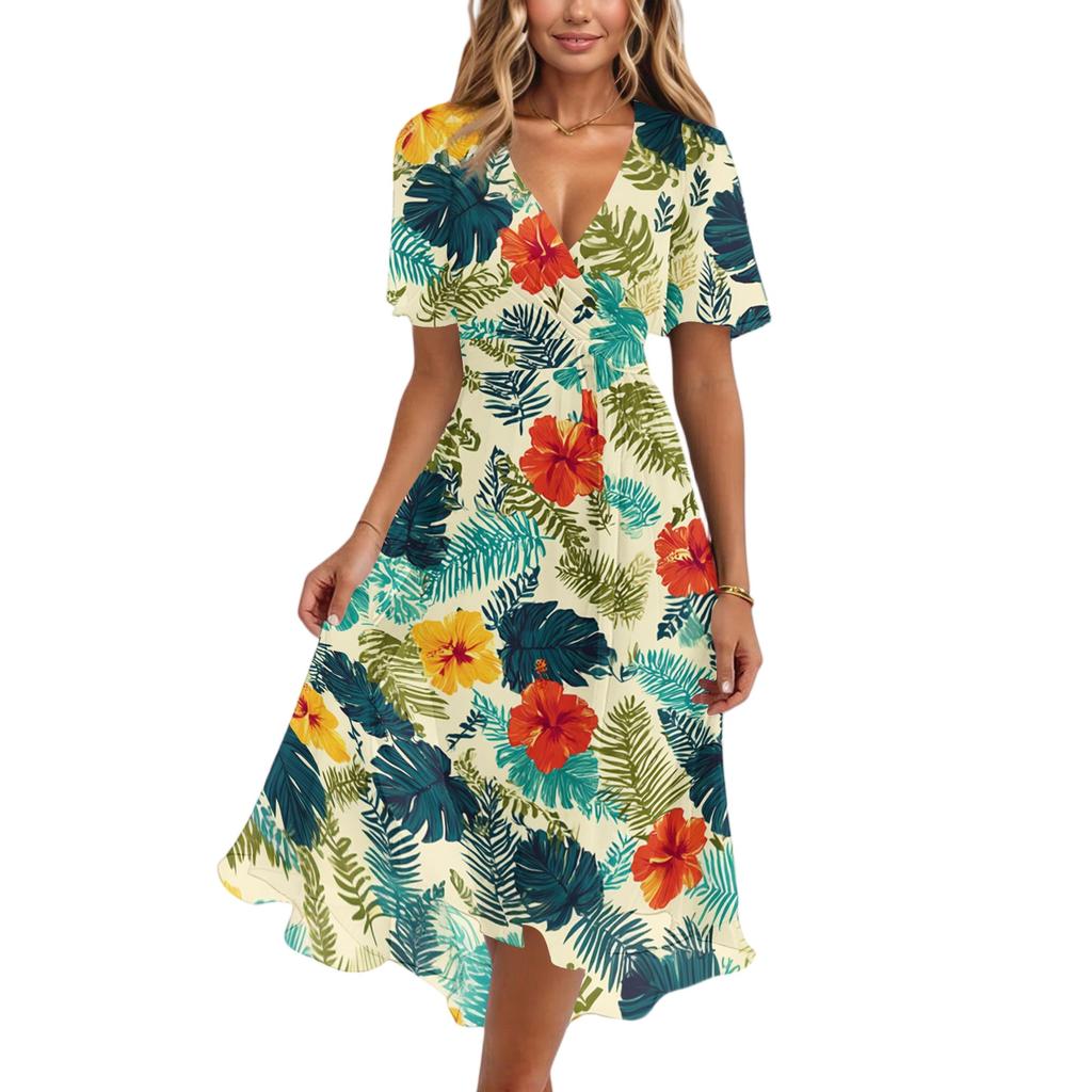 Women V Neck Short Sleeve Casual Dress Retro Floral Print Midi Dress Lightweight Summer Dress with Flared Skirt