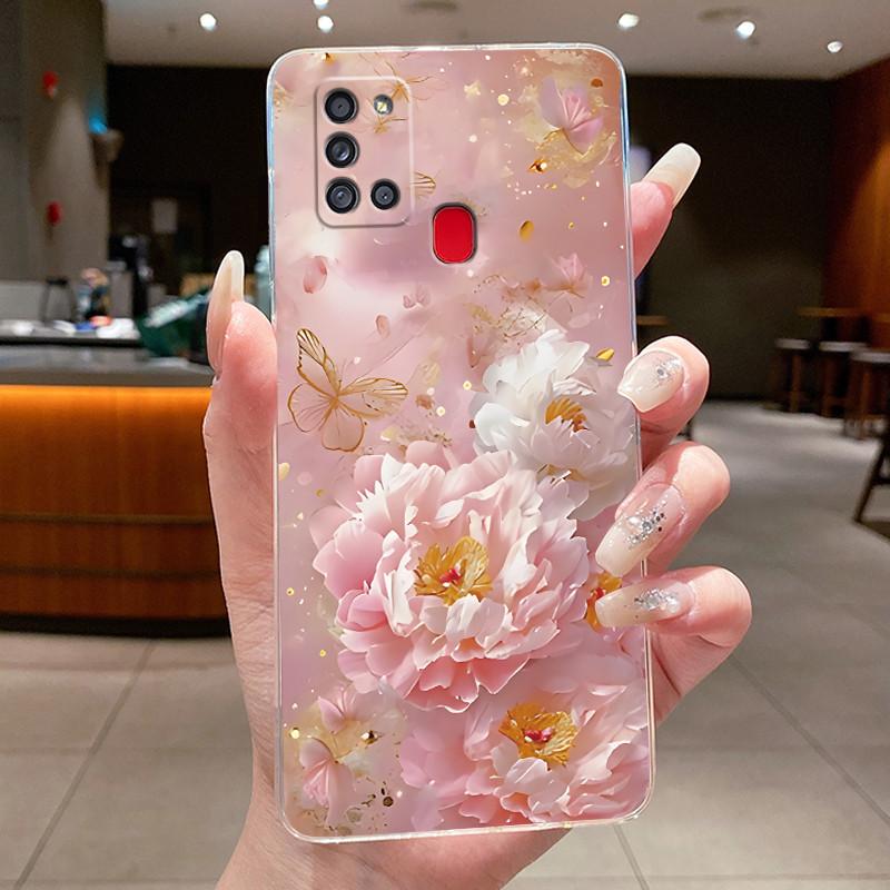 For Samsung Galaxy A21s Phone Case SM- A217F Capa Flower Butterfly Protective Thin Cases Transparent Soft Silicone TPU Cover
