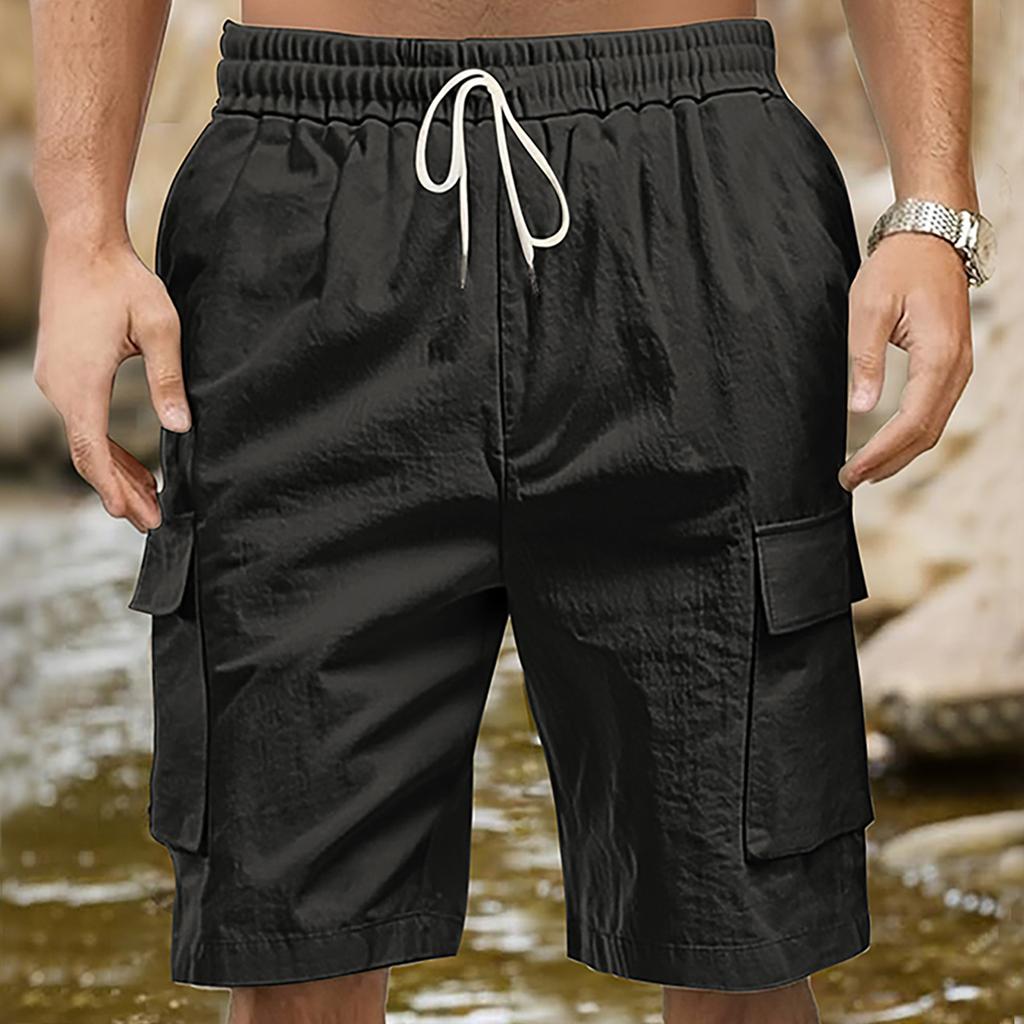 Arbetsbyxor med många fickor, Utomhussporter och Fritidsbyxor, Löst sittande Shorts, Enfärgade Trekvartsbyxor för Herr
