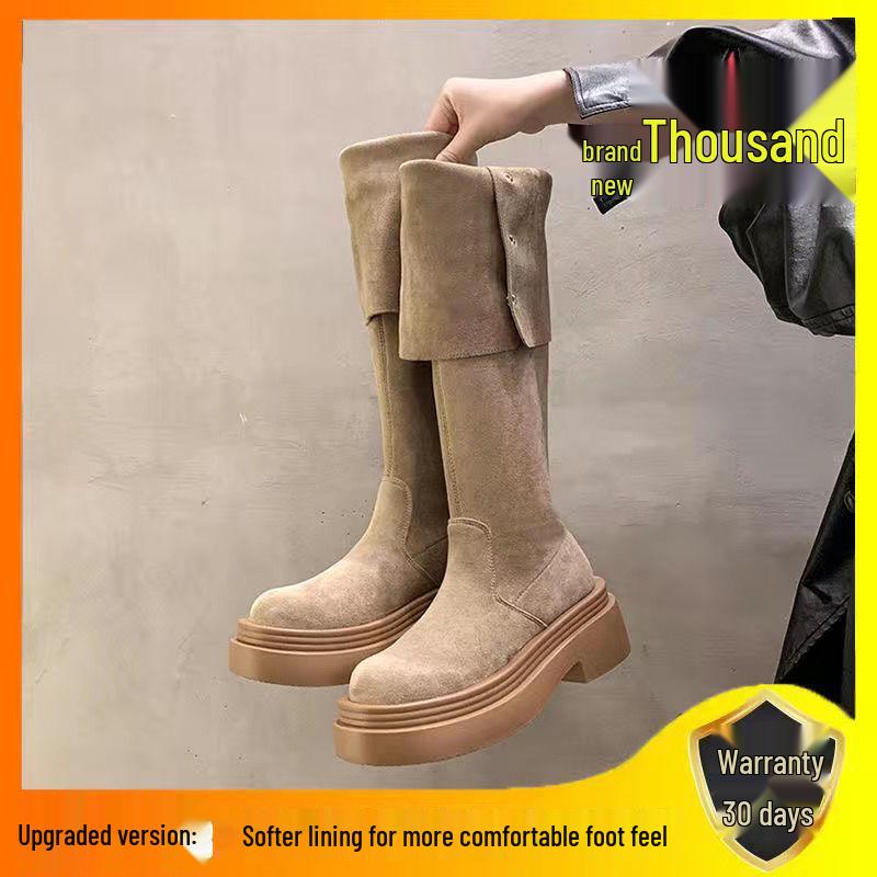 2025 Autumn/Winter Women's Chunky Heel Knee-High Foldable Boots