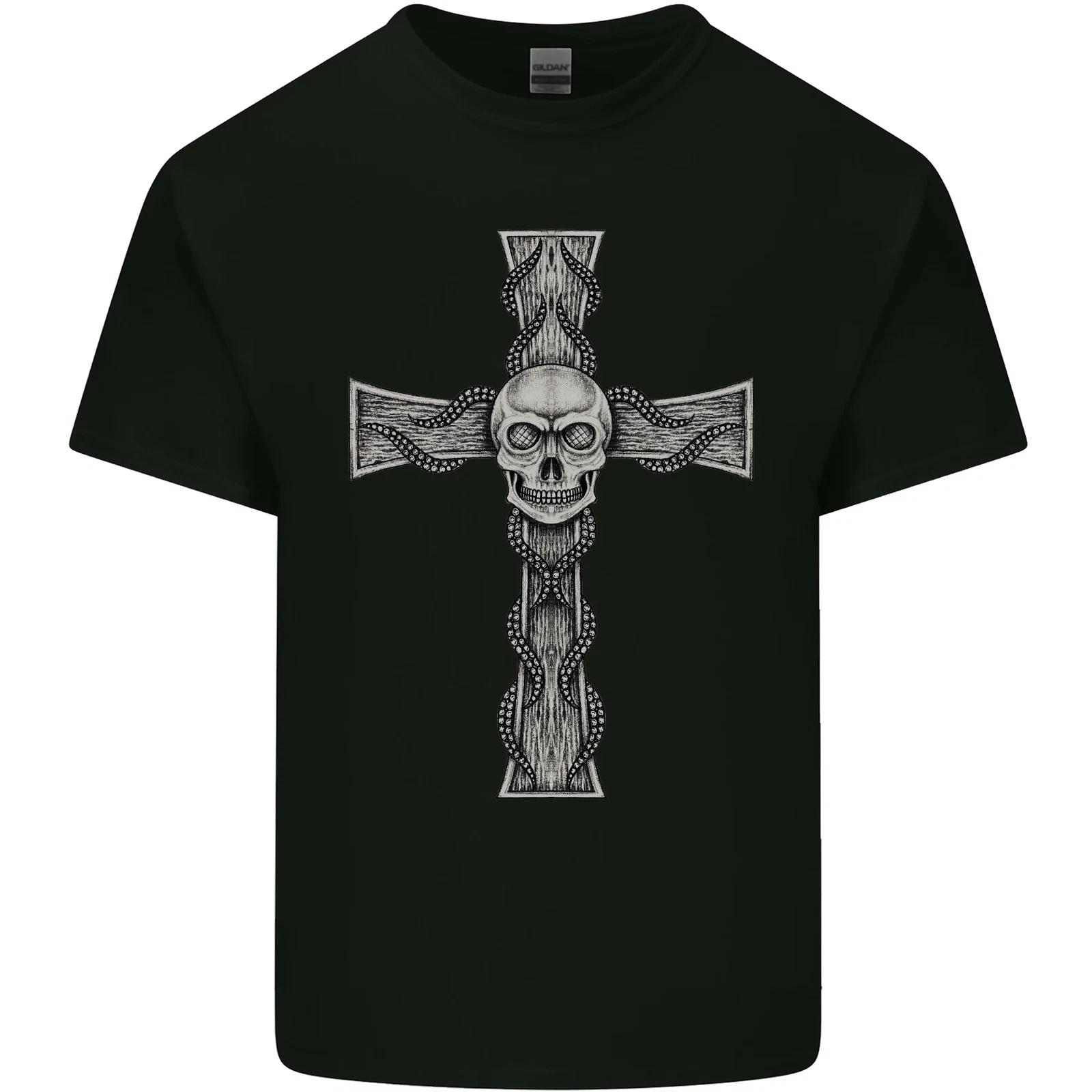 A Gothic Skull and Tentacles on a Cross Kids T-Shirt Childrens S