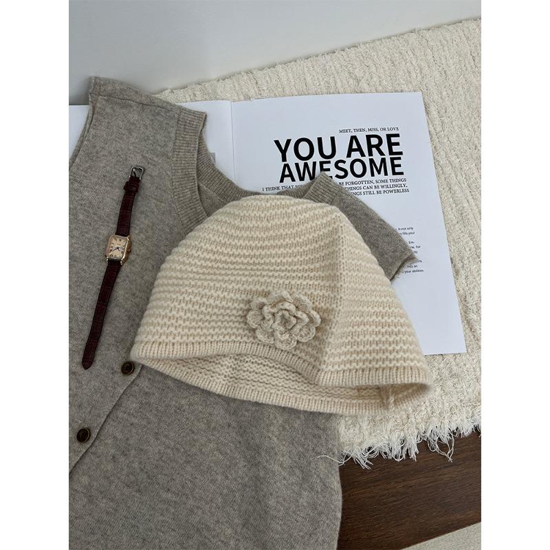 All Wool Flower Hat for Women Sweet and Handcrafted Woolen Knitted Hat  Winter Warm Ear Protecting Hat