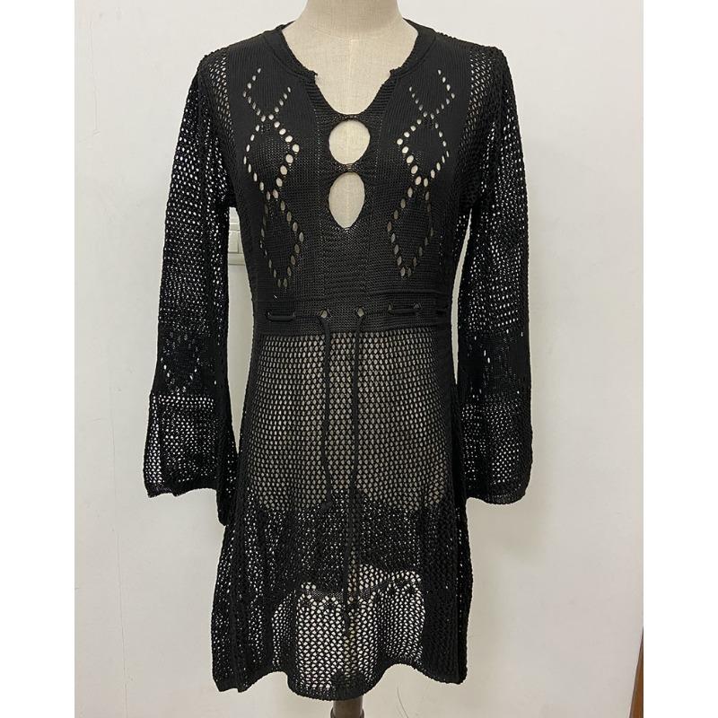Women's Hollow Out Sun Shirt Flared Sleeve Beach Cover Up Bikini Outer Shirt Knitwear