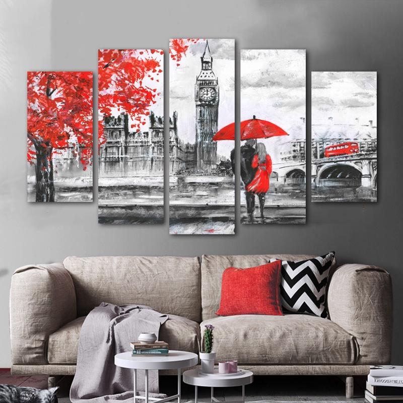 5 Panels Landscape Posters Canvas Painting Building Prints Red London Clock Modern Home Decor Wall Art Pictures For Living Room