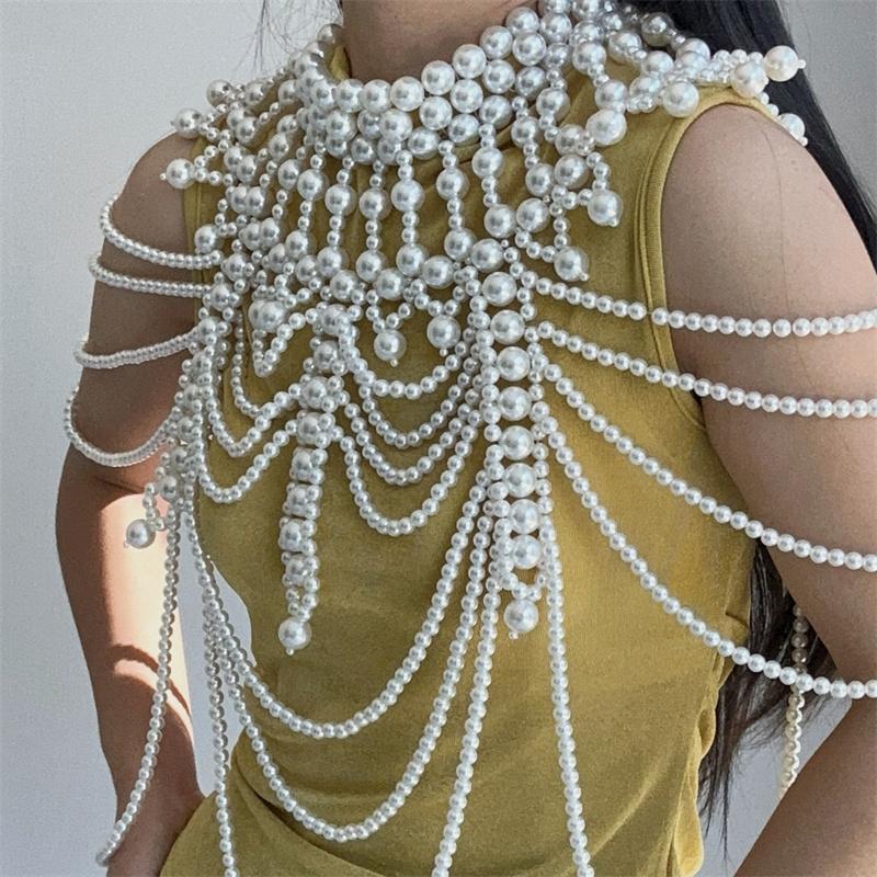 Sexy Damen Perlen Körperkette BH Verstellbare Größe Schal Halsketten Kragen Schulter Mode Oberteile Kettenhalsketten Körperschmuck