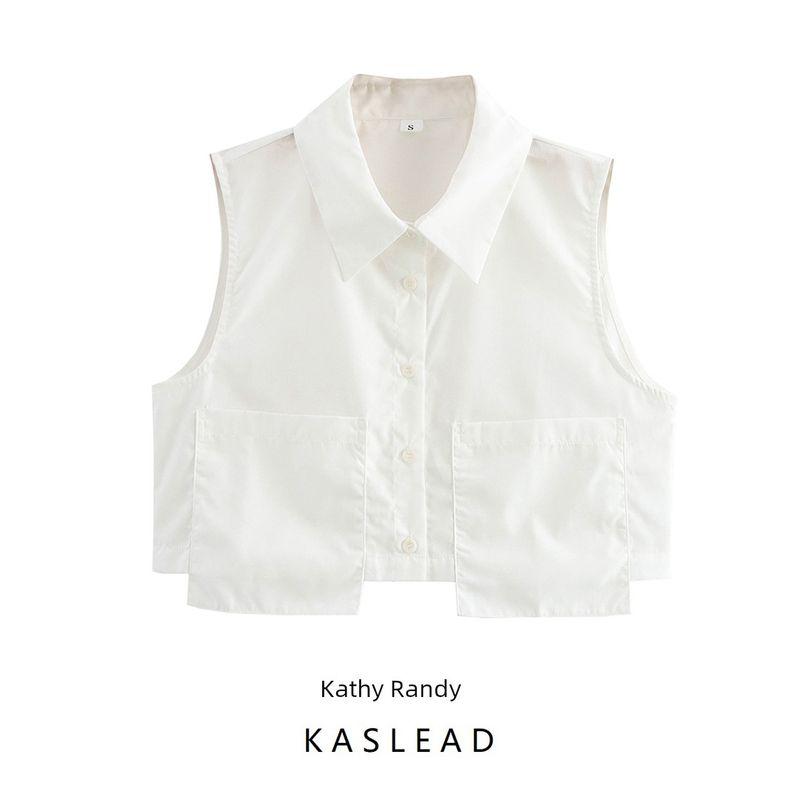 Kaslead New Women Clothes Western Style Fashion Simple and Versatile Double Pocket Sleeveless Shirts Vest