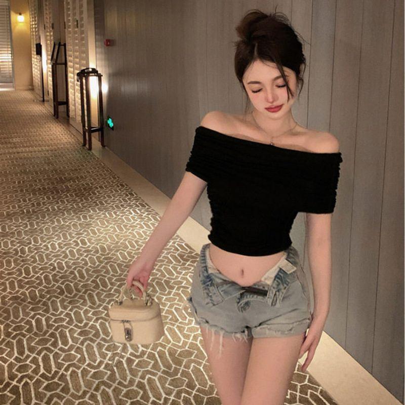 

One-Shoulder T-Shirt, Slim Fit, Tight-Fitting, Waist-Cinching, Short Top, Sexy Hot Girl Base Shirt Black L