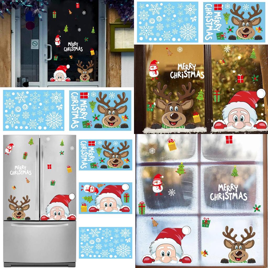 Adorable Merry Christmas Window Decals With Santa Claus And Reindeer Designs