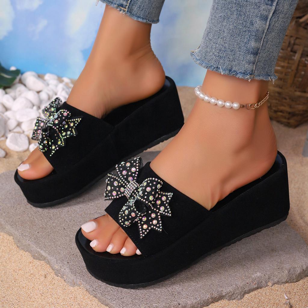 Fashion Summer Women Wedge Slide Beach Slipper Thick Heel Ladies Sandals Crystal Decorate No Slip Platform Slippers Plus Size 35-43