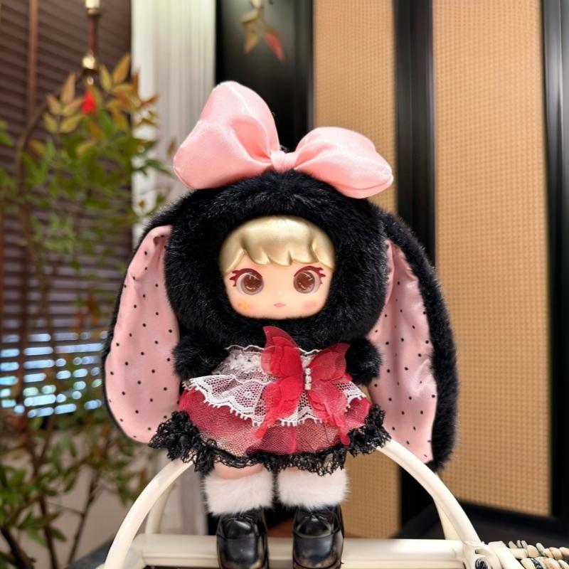 Cute Fluffy Bunny Ear Plush Vinyl Doll Keychain Bag Charm Pendant Soft Fuzzy Fabric Lace Dress Girls Birthday Gifts