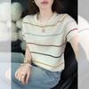 Apricot Color Striped Round Neck Loose Knitted Short-sleeved T-shirt Women's Summer Beautiful Huge Good-looking Atmosphere Top