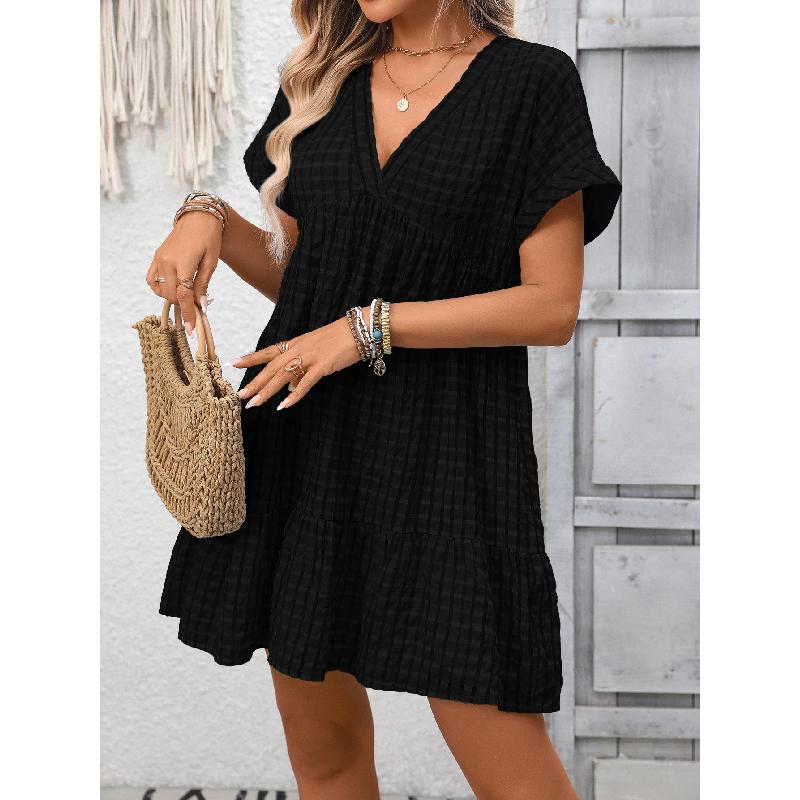 2026 Summer New Women's V-neck Loose Casual Short-sleeve Plaid Dress