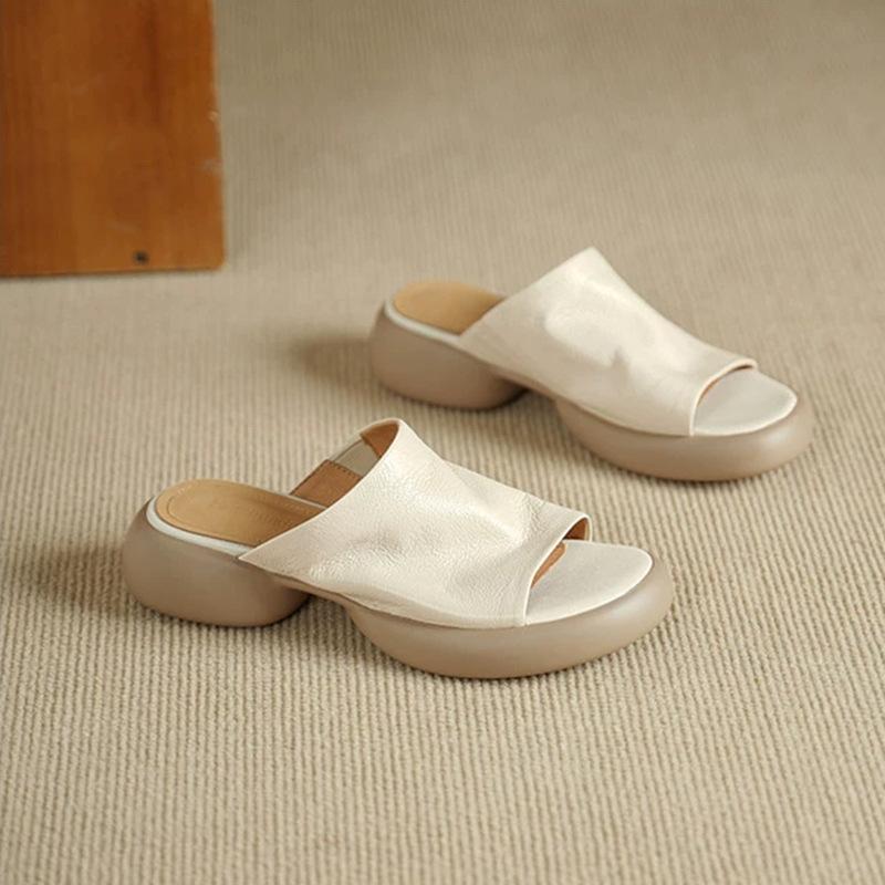Higher Thick Bottom Comfortable Non-slip Anti-odor Women's Sandals Slippers Soft Leather Slope Heel Flip-flops Outdoor Home Leisure Shoes