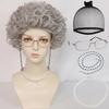1 Brille + 1 Halskette + kurze graue lockige Oma-Kostüm, Cosplay-Perücke für Halloween, Weihnachten, Schule, Erntedankfest