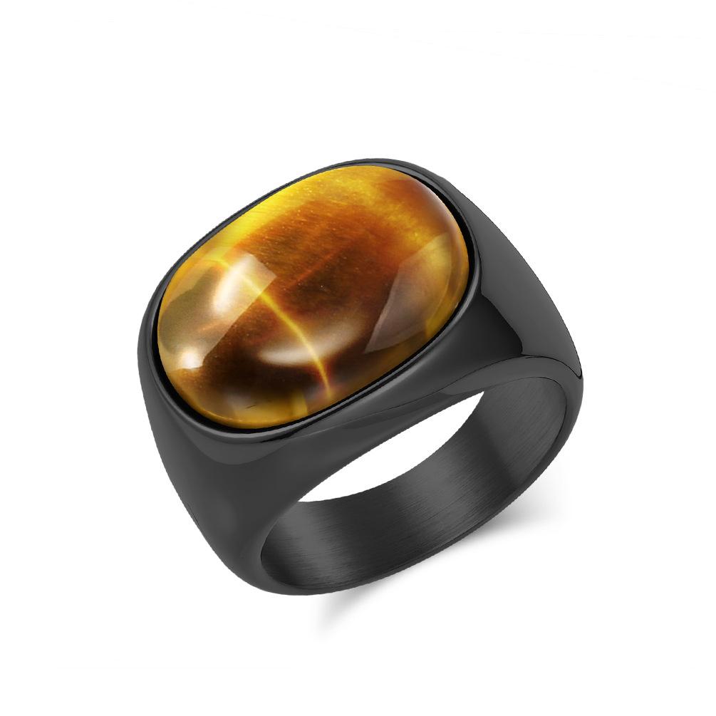 United States hot-selling retro simple natural tiger's eye stone gem titanium steel ring men's fashion personality high-end hand jewelry