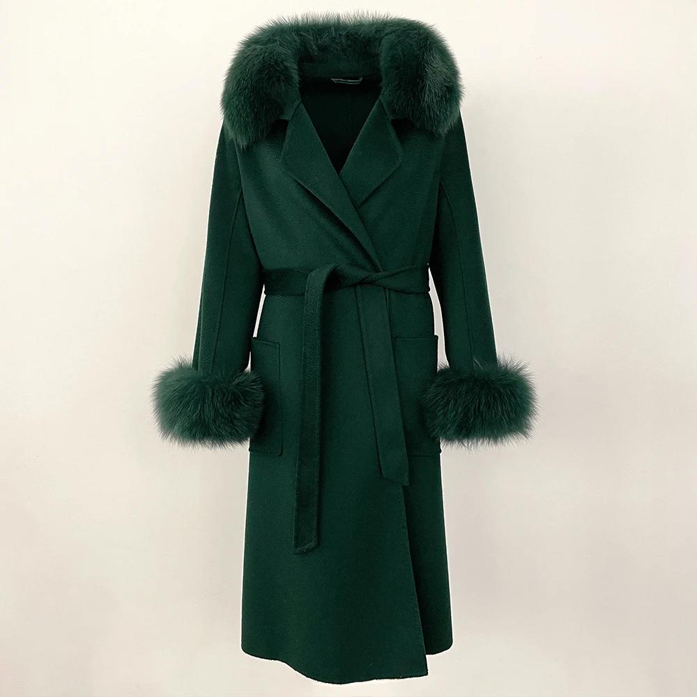 Woman Trend 2024 Autumn Winter 100% Double-sided Wool Coat Ladies Real Fox Fur Collar Detachable Long Coat