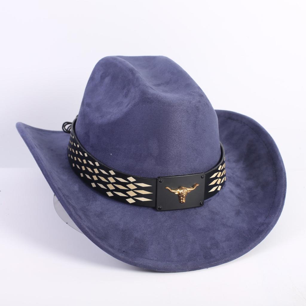 New Western Cowboy Hat Men's and Women's Versatile Wide Brim Top Hat Sun Hat Simple Bull Head Hat Strap