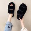 Autumn and winter new double with fluff mop outer wear fashion casual women's one-word cotton slippers flat bottom home plush slippers