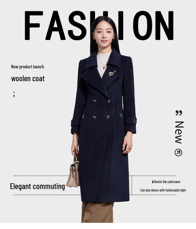 Hepburn Style Double-Breasted Wool Coat for Women - Autumn/Winter French Mid-Length Design