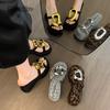 Fashion Casual Thick Soled Flip Flops for Women Summer New Fashion Metal Buckle Leopard Print Hollowed Out Beach Wedge Sandals Size34 39