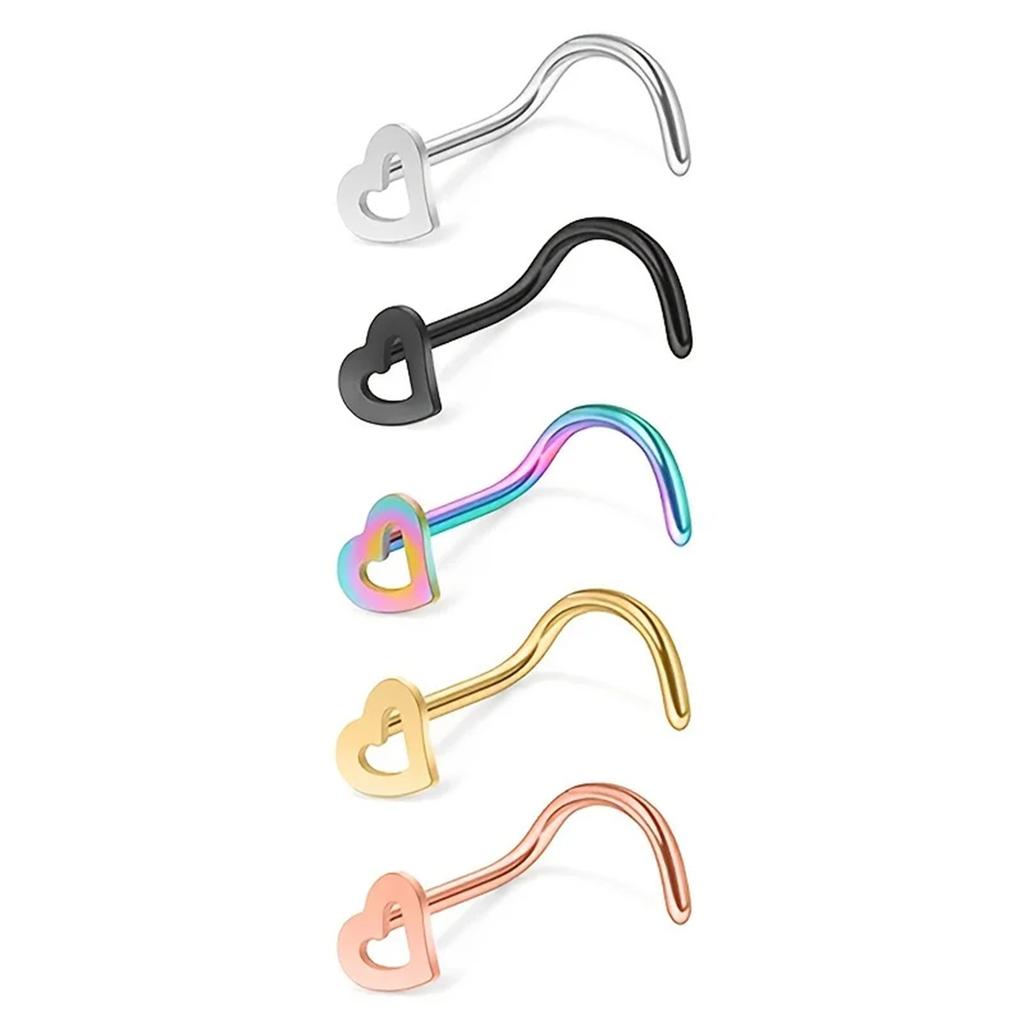 5 Pcs Fashion Hollow Heart Stainless Steel Nose Studs For Women Nostril Piercing Screw Type Body Jewelry