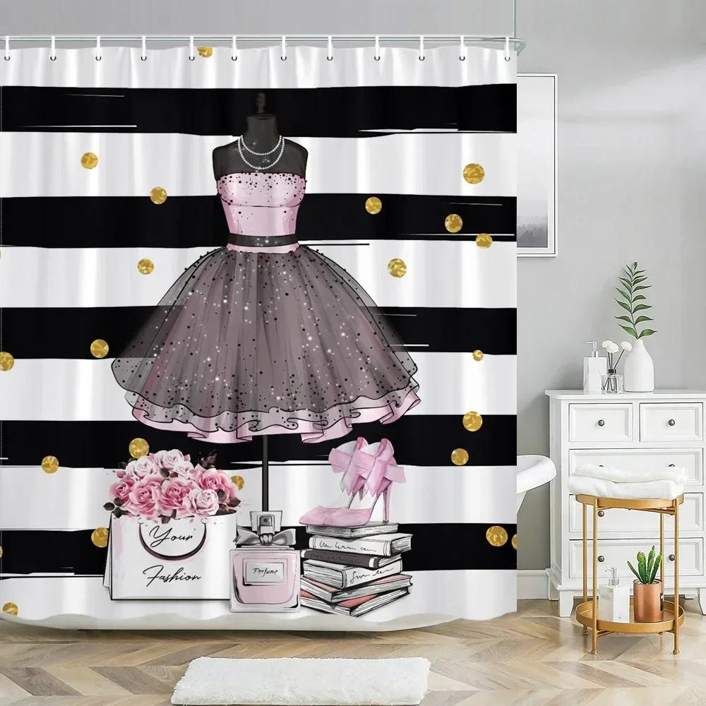 Cosmetic Perfume and Floral Shower Curtain and Rug Bathroom Set Flowers Heels Lipstick Home Cloth Hanging Curtain Bathroom Decor