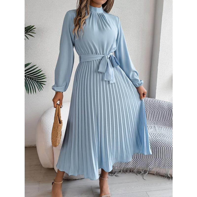 Spring and Autumn Elegant Stand Collar Long-sleeved Waist-fitting Pleated Women's Dresses