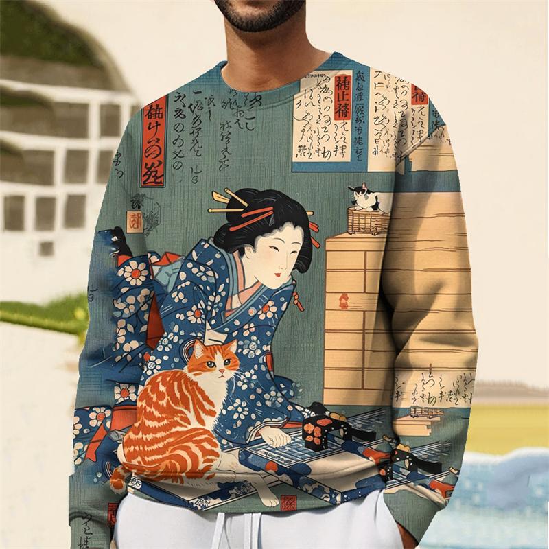 Fashion Japanese Ukiyo-E Graphic Sweatshirt For Men Spring Autumn Trend Long Sleeve 3D Printed Hoodie Casual Streetwear Pullover