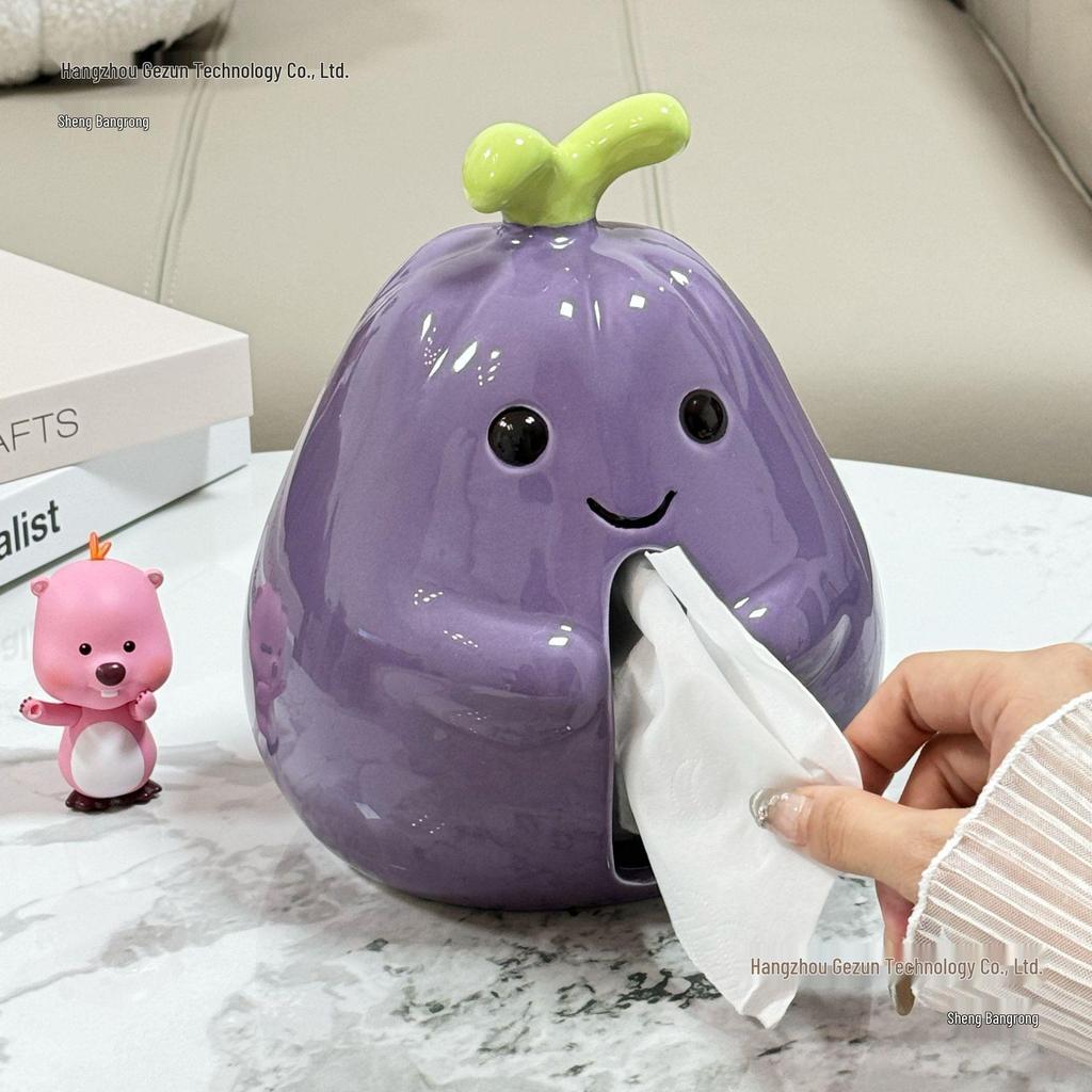 Cute Eggplant Ceramic Tissue Box - Cartoon Napkin Holder for Living Room Decor