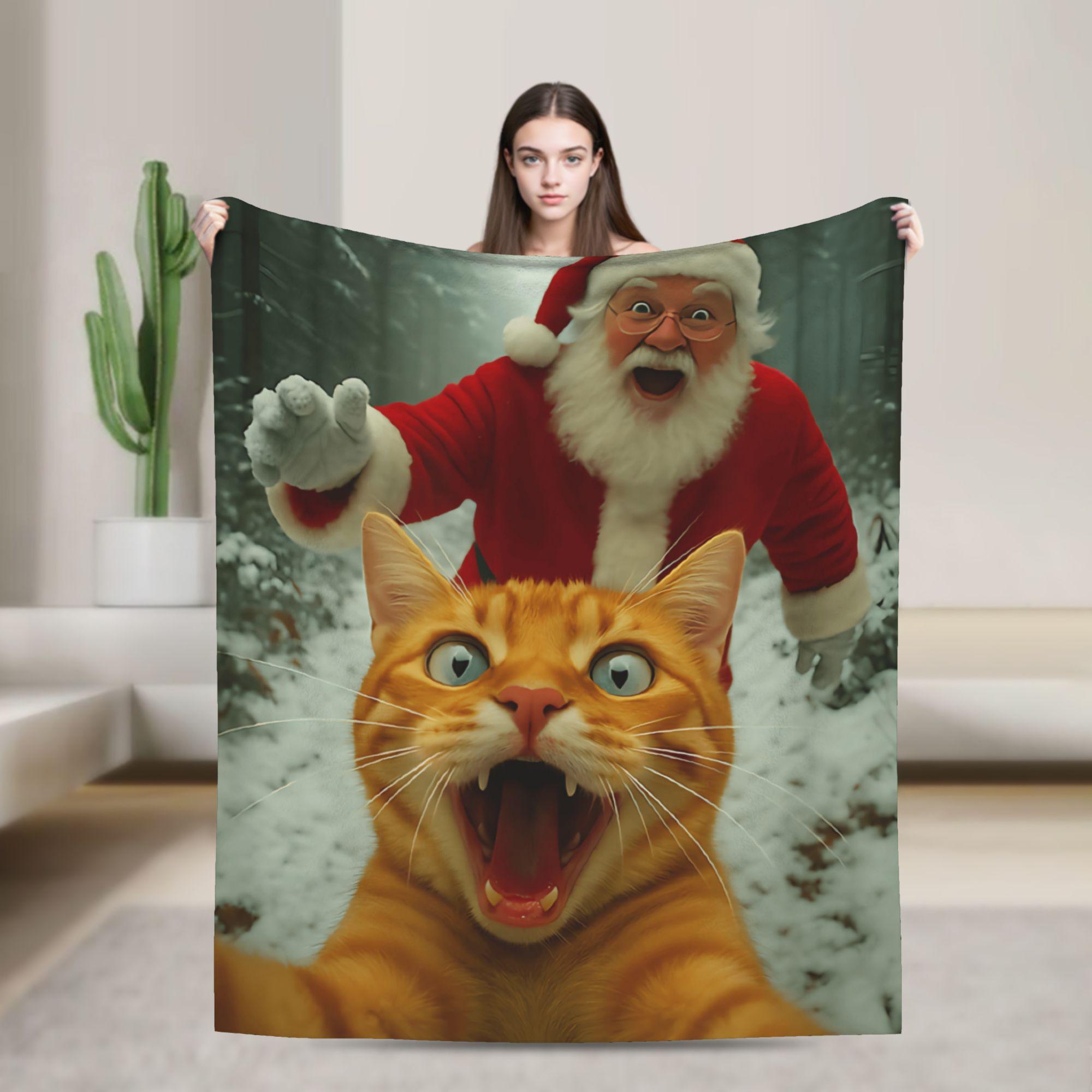 

Cat Selfie with Santa Blanket Quality Soft Warm Bedding Throws Winter Students Living Room Fashion Bedspread 75x90cm