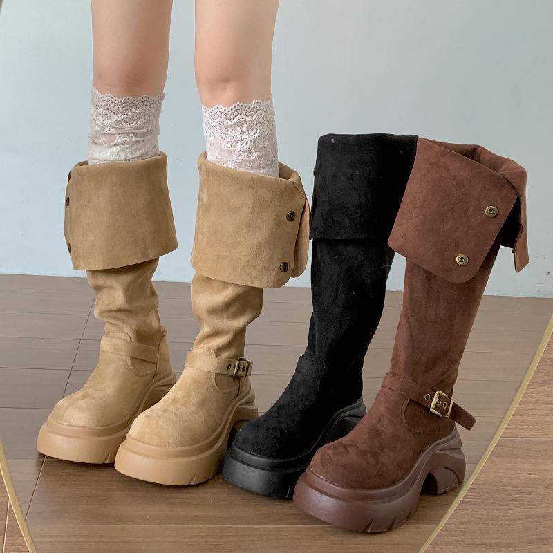 Winter Vintage Platform Thick Sole Woman Knight Boots Fashion Belt Buckle Slip On Shoes Punk Style Height Increase Long Booties