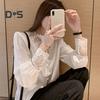 Women Shirt Lace Patchwork Stand Collar Flower Embroidery Single Breasted Long Sleeve Solid Color OL Commute Style Soft Lady Spring Fall Top Blouse
