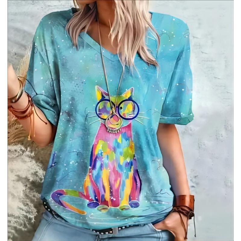 Nadměrné tričko Plus Size pro ženy: 3D rozkošná kočka, výstřih do V, letní módní streetwear, prodyšné, ležérní