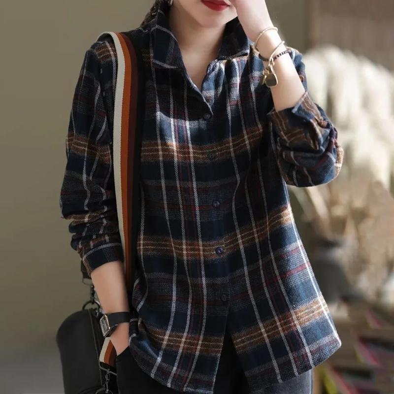 

Жіноча Нова Весняно-Осіння Бавовняна Клітчаста Сорочка з Довгим Рукавом Великого Розміру L синій