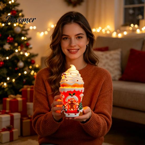 Illuminated Miniature Village House Lighted Ice Cream Christmas Figurine, Candy Gingerbread Decor with LED Whimsical Cabin Ornament Light, Warm Light
