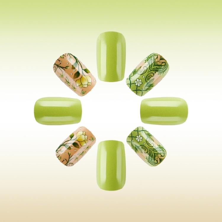 24 Pcs Glossy Full Cover False Nail Mediuim Square Press On Nail Flowers Stick On Nail Green Acrylic Nail