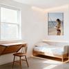 Sexy Woman In Blue Bikini On Sandy Beach Metal Tin Sign, Fishing Rod & Calm Ocean Scene, Vintage Home Bar Wall Decor Art Poster