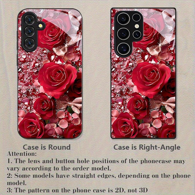 Rose Print Embellished Pattern Tempered Glass Phone Case for Samsung Galaxy S26 S25 S24 S23 S22 S20 FE/PLUS/ULTRA Anti Drop