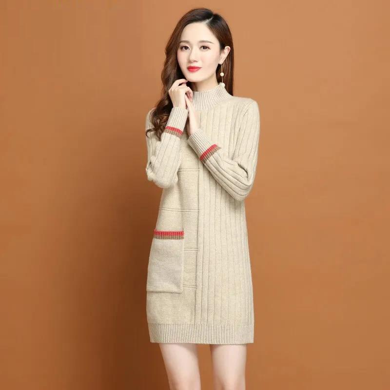 Half Turtleneck Solid-color Knitted Sweater for Women Thickened Sweater Loose Mid-length Pullover Autumn and Winter