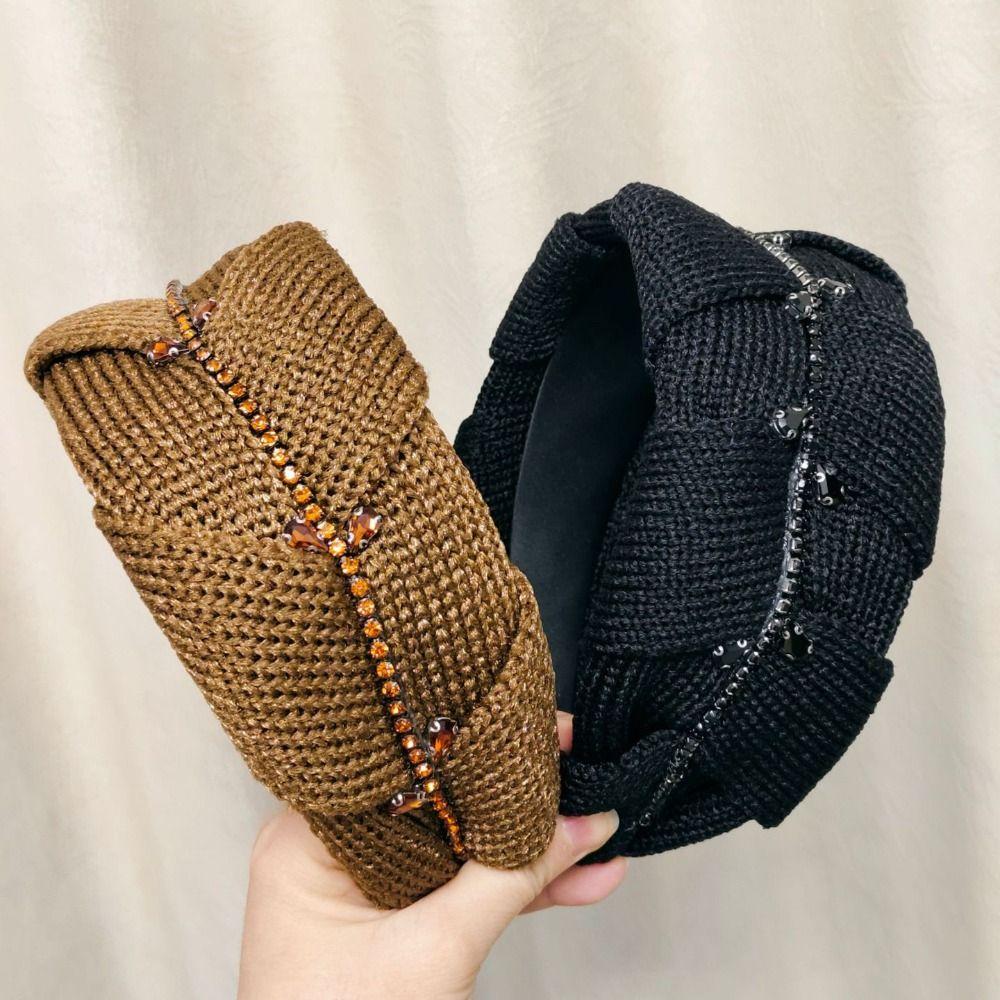 Knitted Fabric Wide Headband Wide Width Rhinestone Headband Stylish Retro Hair Hoop Daily Wear