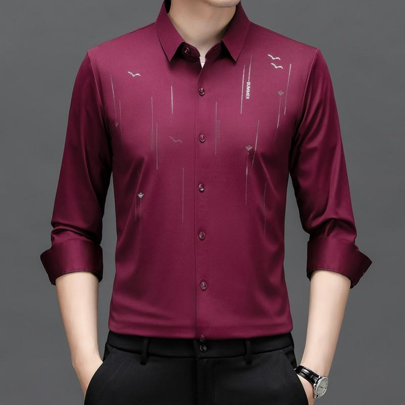 Men's Long-sleeved Shirt Seagull Print Spring and Autumn Fashion Stretch Seamless Non-iron Casual Shirt Men