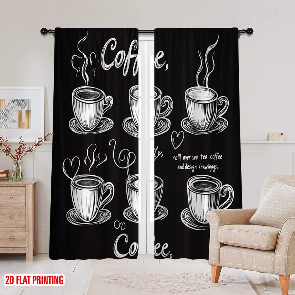 2pcs,2D Plane Printing Print Curtains Chalk Coffee Cups Versatile Polyester Fabric (without Rod) Decorations For Home Ldeal for