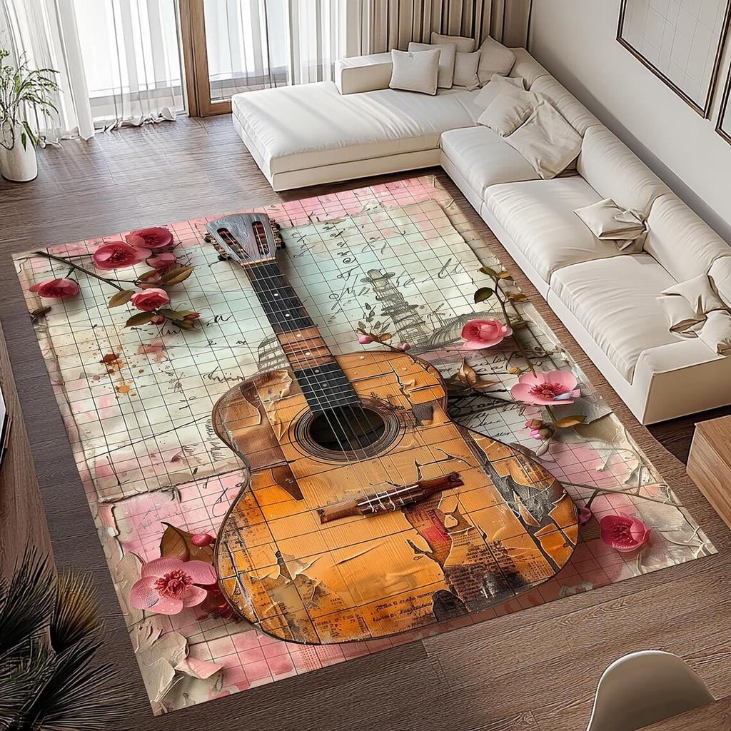 Vintage Music Guitar Instrument Print Area Rugs Anti-Slip Rug Carpets for Home Living Room Bedroom Bathroom Decor Floor Mat