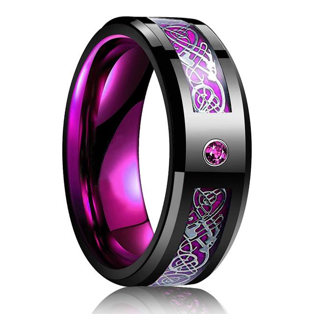 Mode 8mm Männer Rote Nut Abgeschrägte Kante Edelstahl Keltischen Drachen Ring Zirkon Inlay Rot Carbon Fiber Ring Männer hochzeit Band