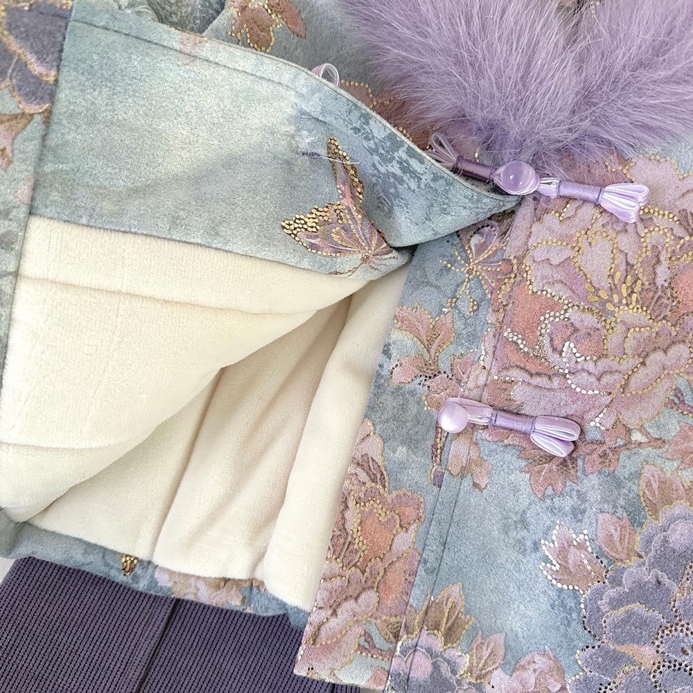 Set din două piese pentru fete, stil chinezesc, căptușit cu fleece, pentru iarna 2025: Top Gros și Călduros & Pantaloni Micro Flare