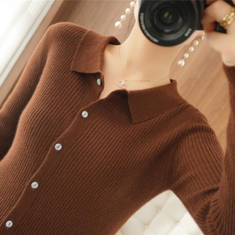 New Shirt Women's Long Sleeve Knitted Cardigan Jacket Slim-fit Large Size PO Neck Sweater Solid Color Button Top