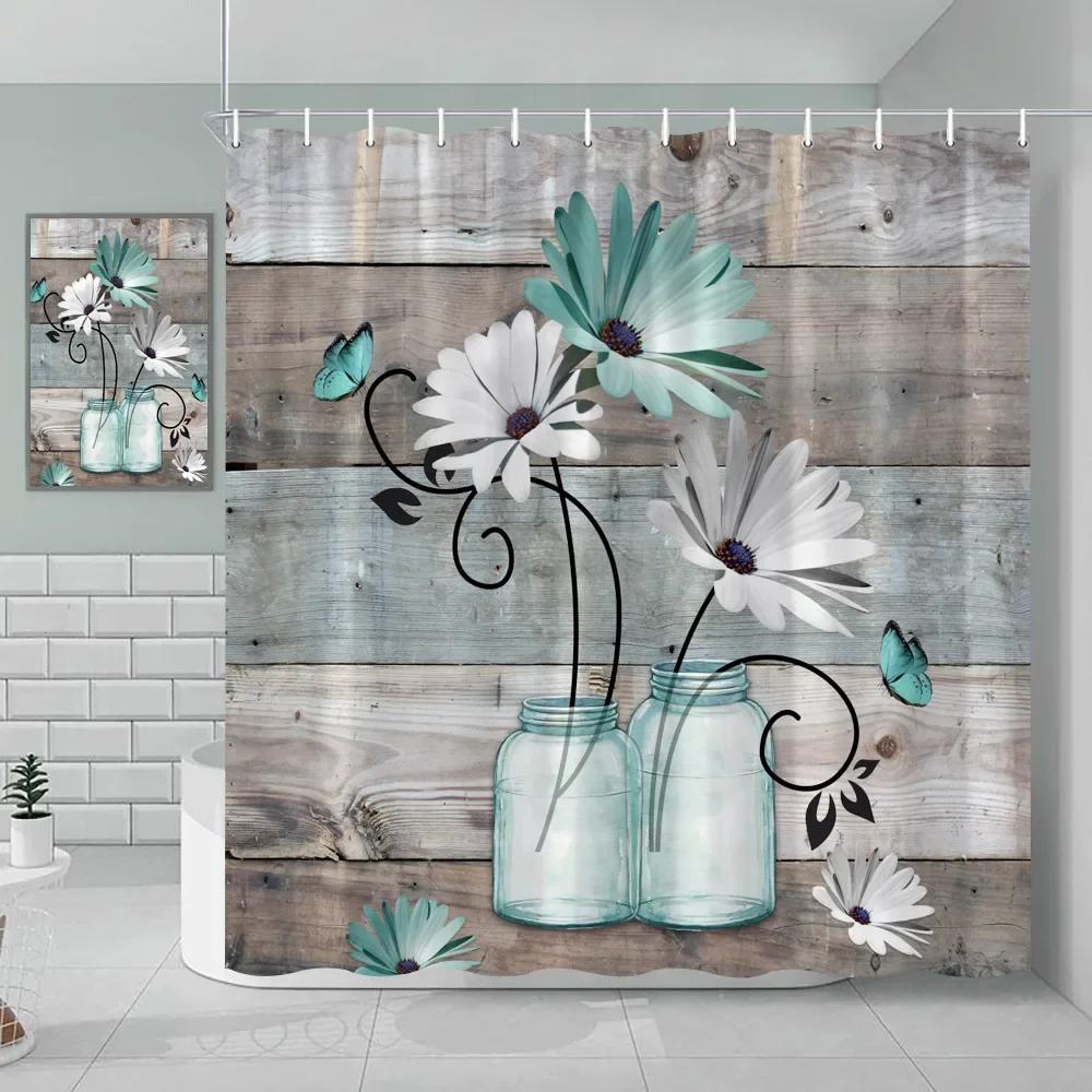 Watercolor Floral Shower Curtain Wooden Butterfly Daisy Rustic Blue Flower Farmhouse Wooden Vintage Farm Bathroom Decoration