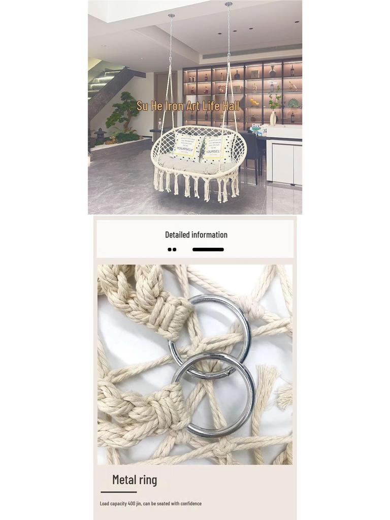 Nordic Indoor Outdoor Double Hanging Chair Swing with Tassel Cradle - Cotton and Linen Hammock for Homestay or Balcony.